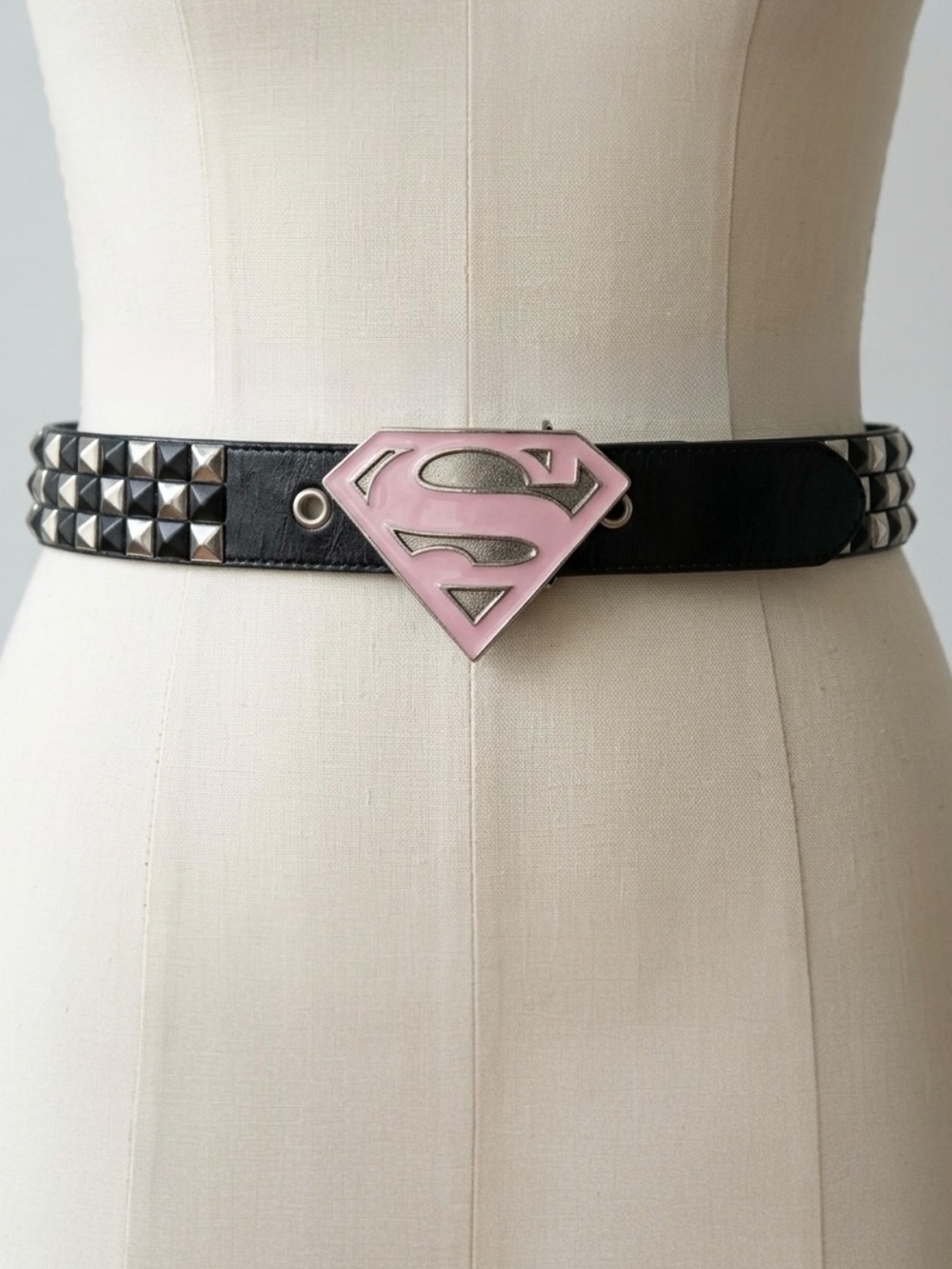 Studded Leather Belt with Pink Superman Buckle Size Medium Y2K - Picture 10 of 10